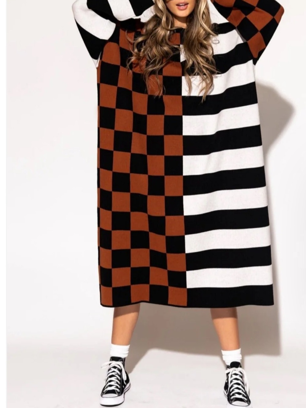 Dressed In LaLa Gimme More Half + Half Oversized Knit Dress — Brown & Black